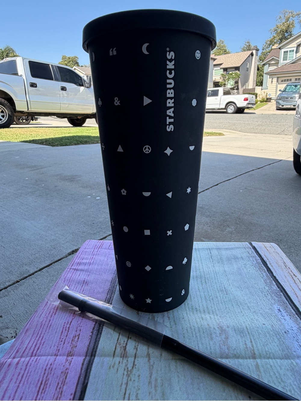 Starbucks MATTE Black Tumbler with White Icon Pattern
